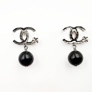 Chanel Silver CC Corner Clover Black Bead Dangle Piercing Earrings